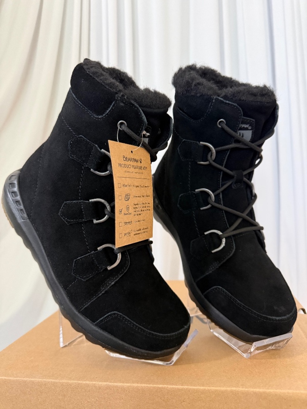 BEARPAW Tyra Black Suede Wool Lined Lace Up Boots Size 8 NIB NWT